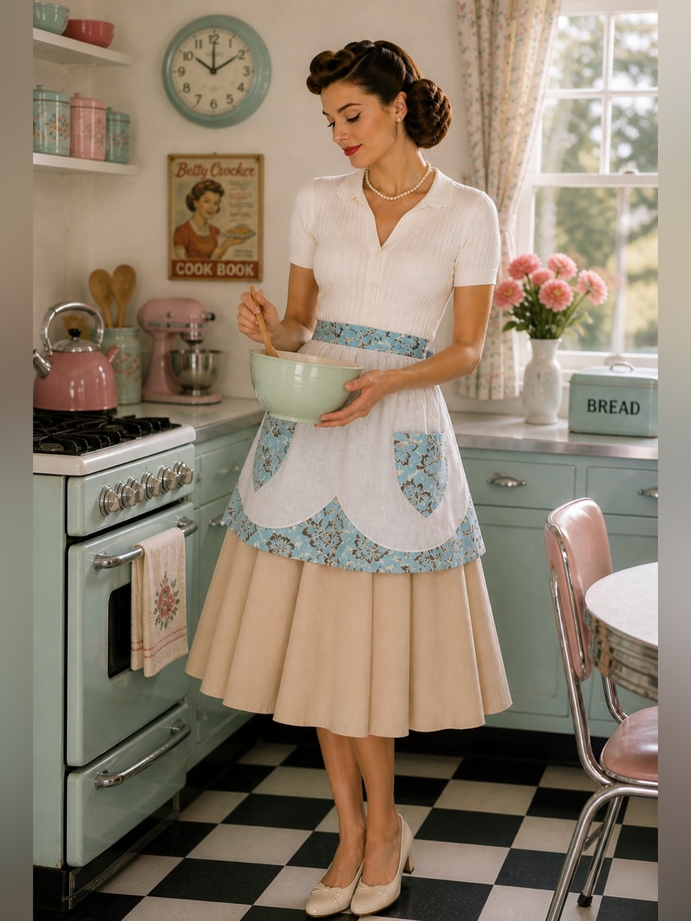 Vintage Cinderella Handmade Elegant Blue & Gold Floral A-Line Apron One Size